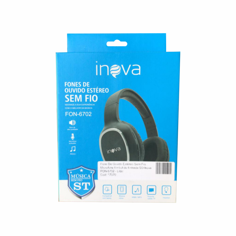 Fone De Ouvido Estéreo Sem Fio Microfone Embutido Entrada SD Inova FON-6702