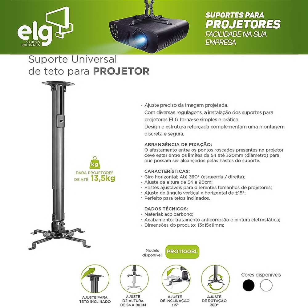 Suporte Projetor de Teto Regulável ELG PRO1100b Preto