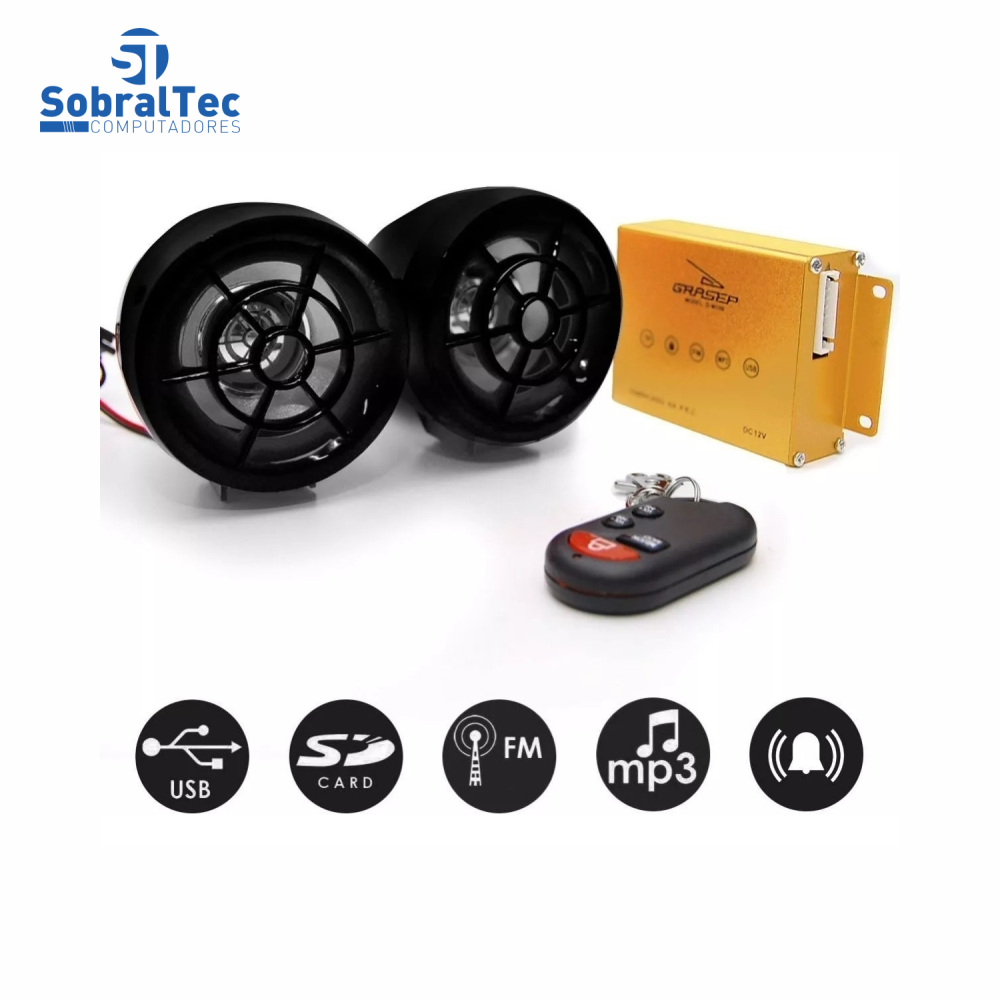 Alarme Para Moto Usb Com Rádio FM Entrada Cartão e Caixa De Som Grasep Dm-100