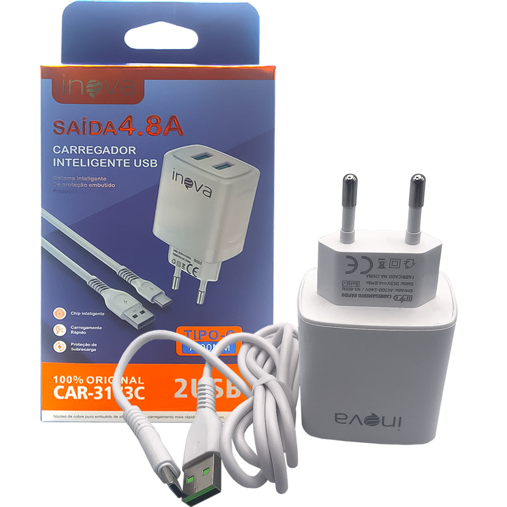 Carregador Rápido Tipo C Com 2 Portas USB 4.8A com Carregamento Inteligente Inova Branco- CAR-3173C