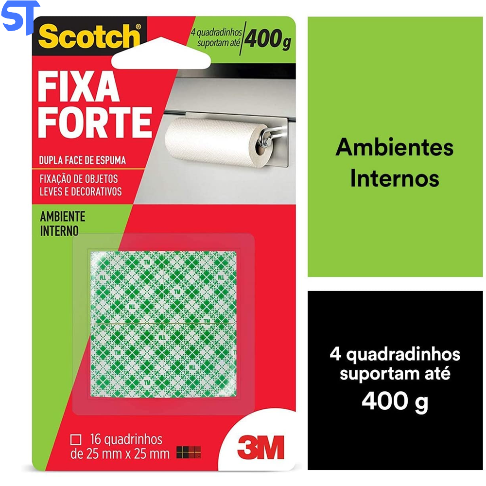 Fita Dupla Face 3M Scotch Fixa Forte Espuma 16 quadradinhos