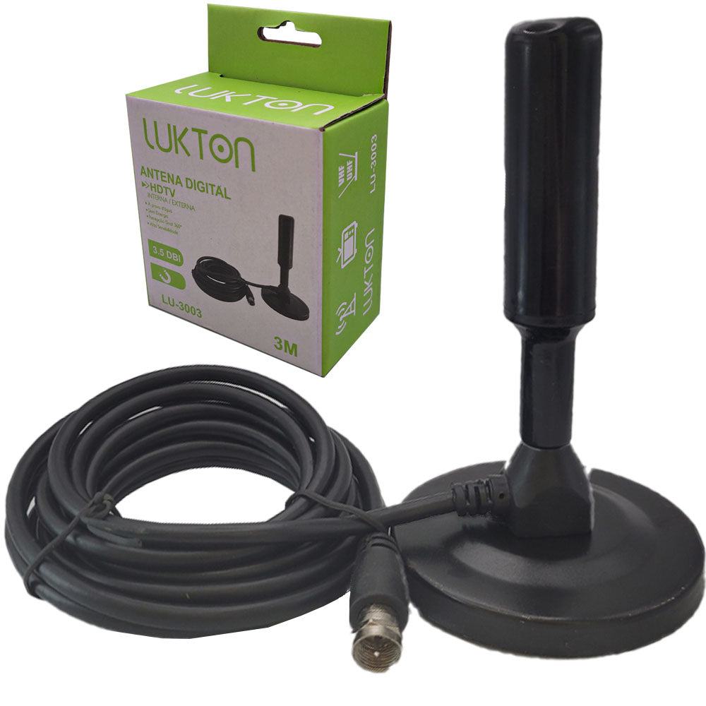 Antena Digital HDTV 3Mts Recepção De 360° 4.3 DB Base com Imã Lukton  - LU-3003