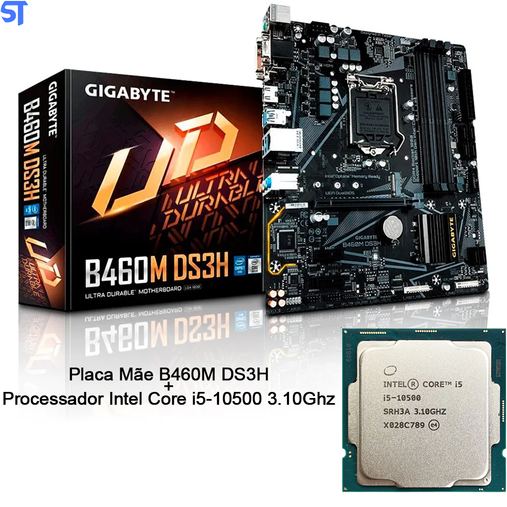 Kit Placa Mãe Gigabyte Ultra Durable LGA 1200 B460M DS3H V2 Chipset IntelH470 + Processador Intel Core i5 10500 3.10Ghz