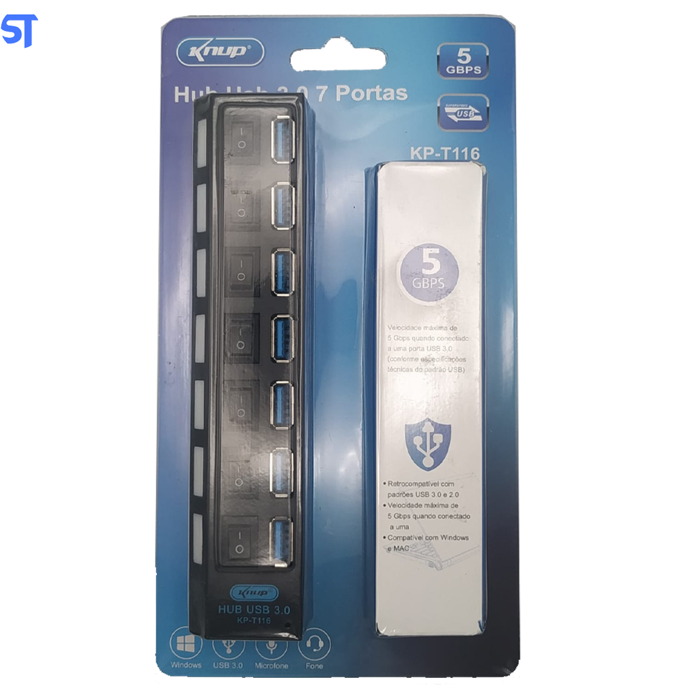 Switch Hub USB 3.0 Com 7 Portas e Botões LED Indicadores Knup KP-T116