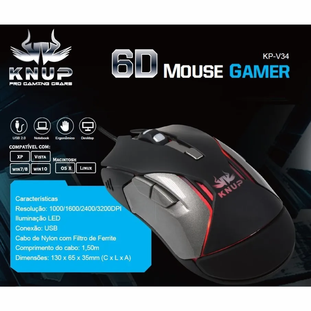Mouse Gamer Usb 6D 6 Botões 3200Dpi de Resolução Knup KP-V34