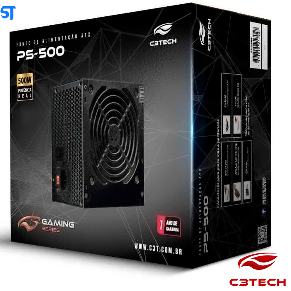 Fonte de Alimentação ATX C3Tech PS-500BK 500W Sem Cabo - Preto