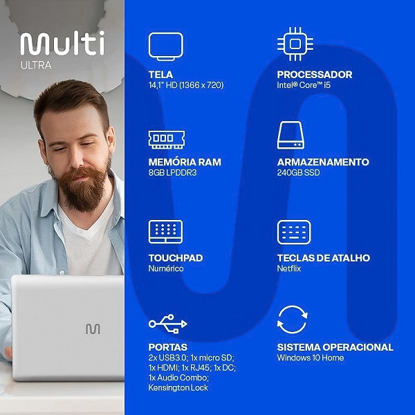 Notebook Ultra Core i5 5257U Iris Graphics 6100 SSD 240Gb Memória Ram 8GB Windows 10 HOME 14.1 Polegadas