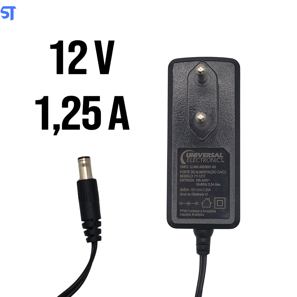 Fonte de Alimentação CA/CC 12V 1,25A Pino 5,3mm x 3,3mm Modelo: FY-1217