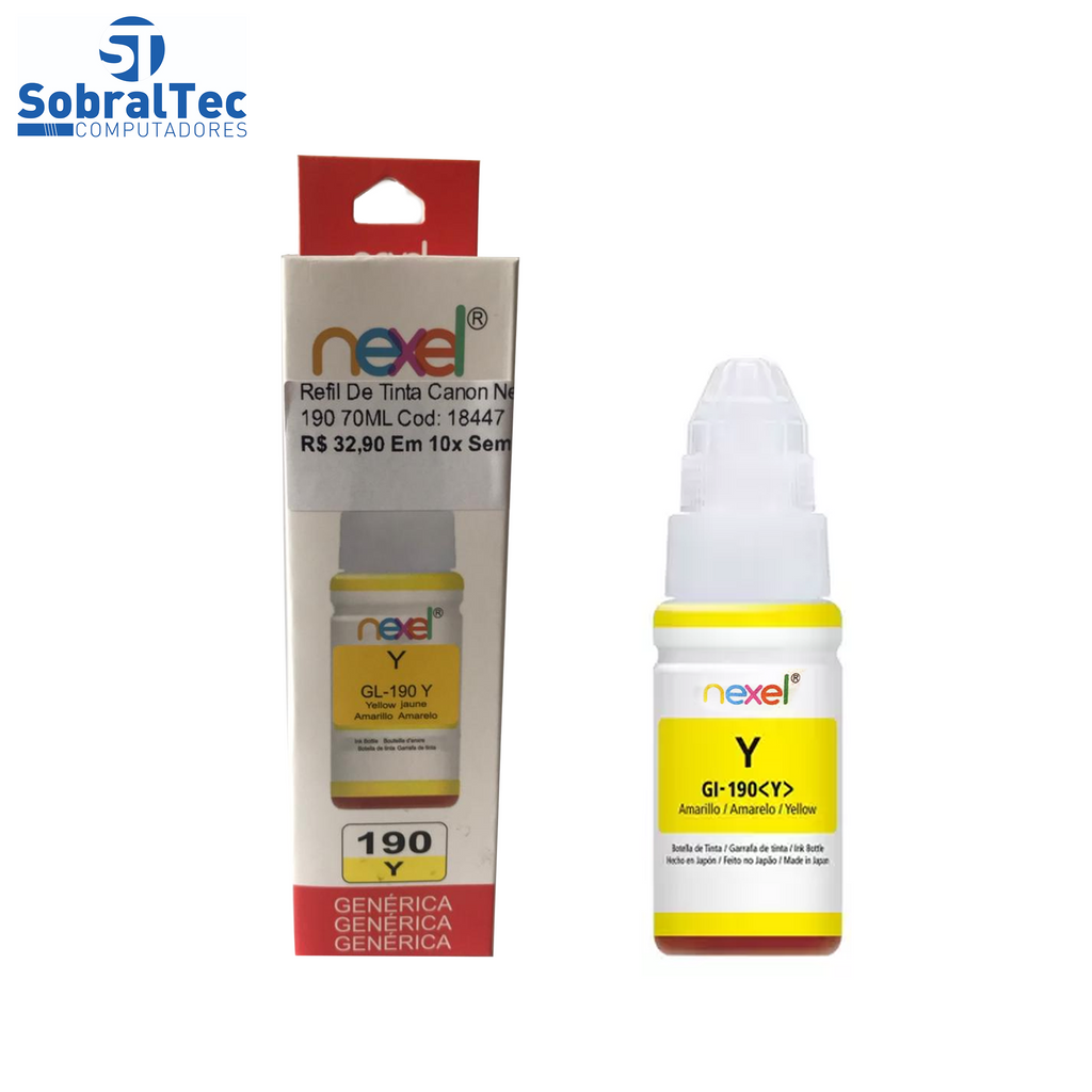 Refil De Tinta  Compativel Canon Nexel Amarelo GL-190 70ML- Para 1100-2100-3100-3102-4100-4102