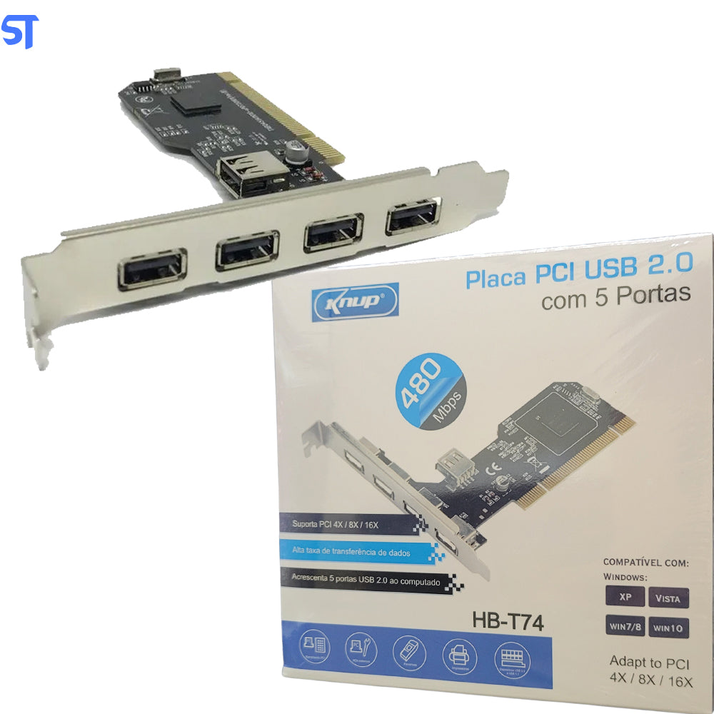 Placa Pci Usb 2.0 Para Pc Com 5 Portas 480MBP/s Knup Hb-T74