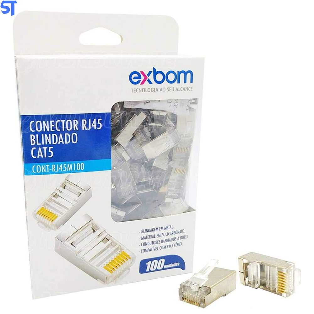 Conector Rj45 Cristal Blindado 8p8c Cat6e Exbom C6m100 Sup Gigabit Ethernet 30m Banhado de Ouro