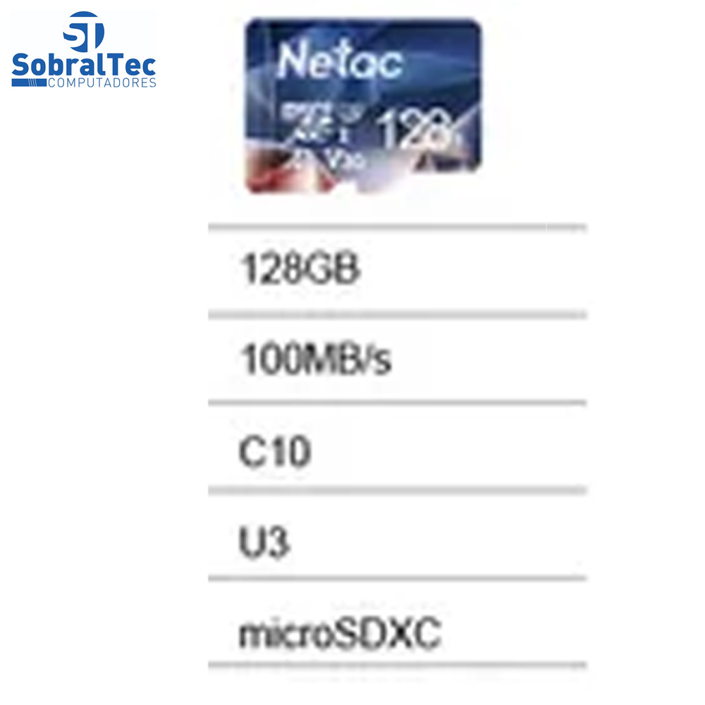 Cartão Micro SD Classe 10 U3 SDXC Netac 128Gb 100Mb/s De Leitura
