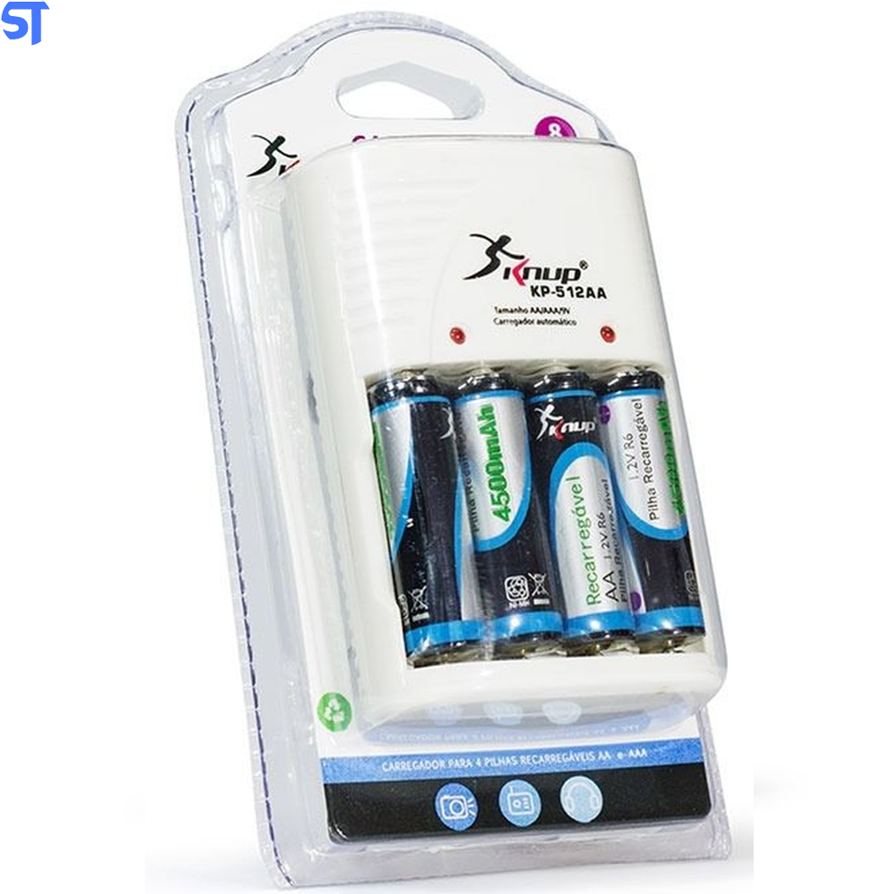 Carregador De Pilhas AA/AAA/9v Knup Kp-512AA Com 4 Pilhas De 4500mAh