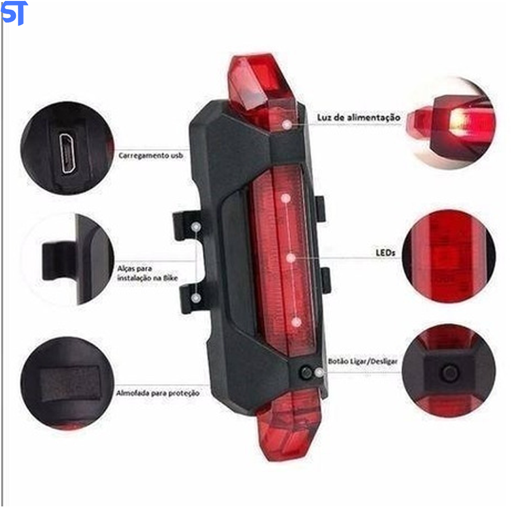 Lanterna Sinalizadora Traseira Para Bicicleta  Led Vermelho Recarregável USB- BS-216
