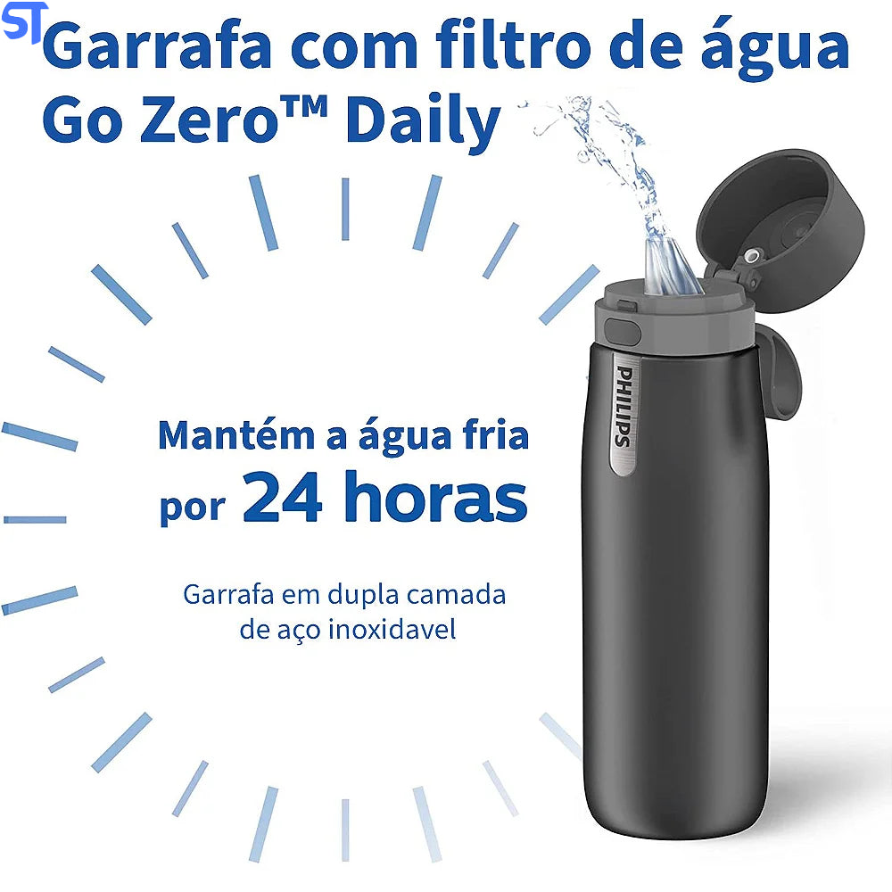 Garrafa de agua Philips AWP2771GRR Cinza - Squeeze com Capacidade de 550ml Com Filtro AWP285 GoZero Daily com estrutura