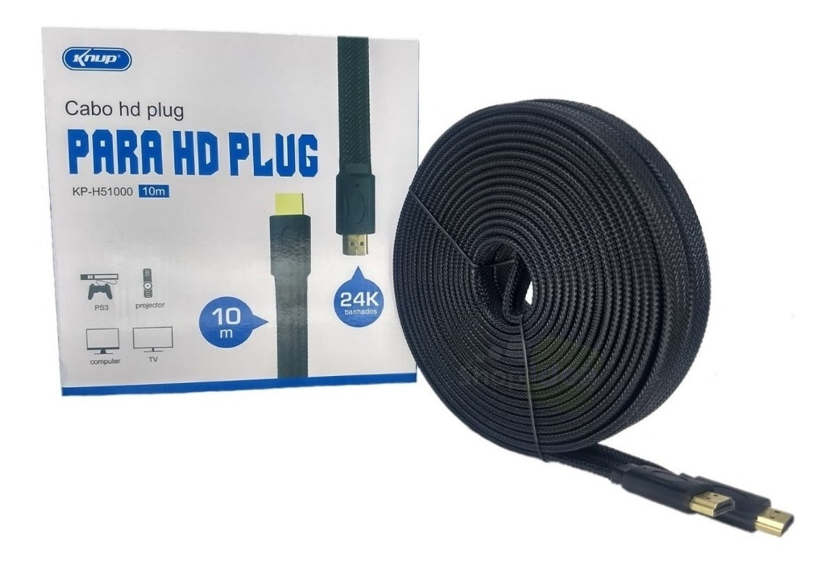 Cabo Hdmi 10 Metros Flat Knup Ultra Hd 4k Nylon Ouro 24k