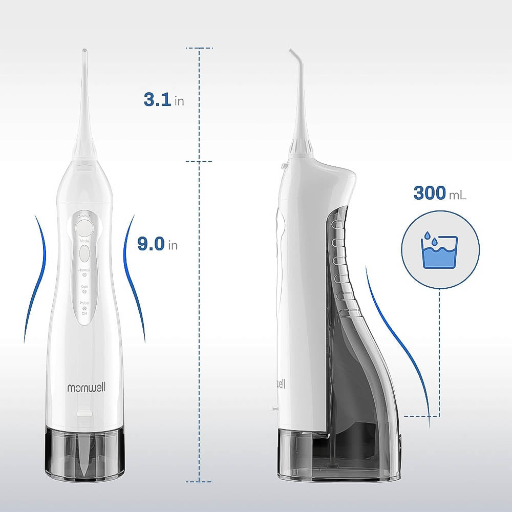 Irrigador Bucal Portátil Recarregável de 3 Modos Mornwell, 300ml e 4 Pontas de Jato Fluxo de Água Ultrafino 100/240v