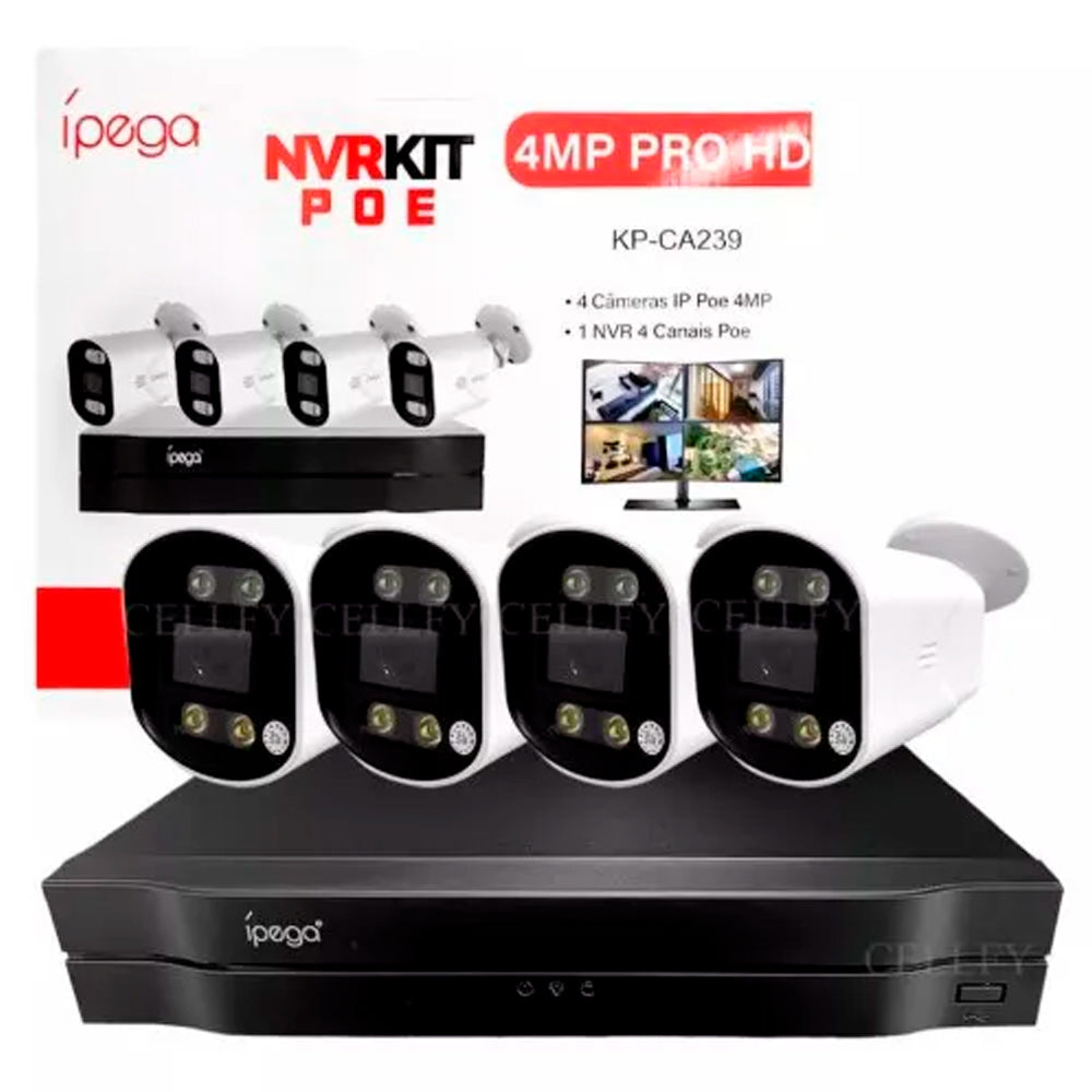 Kit - Gravador NVR Com 4 Cameras Ip Externas 4mp Poe Kp-CA239 Ipega
