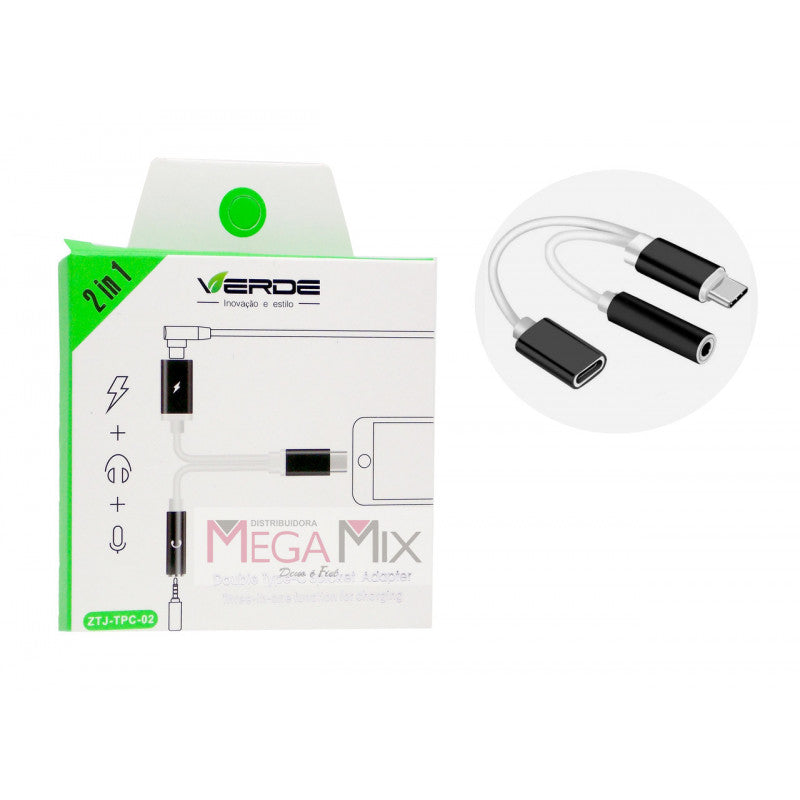 Adaptador Type C 2 in 1 Saída Dupla - Carregador + Fone P2 ZTJ-TPC-02 T-06- Verde