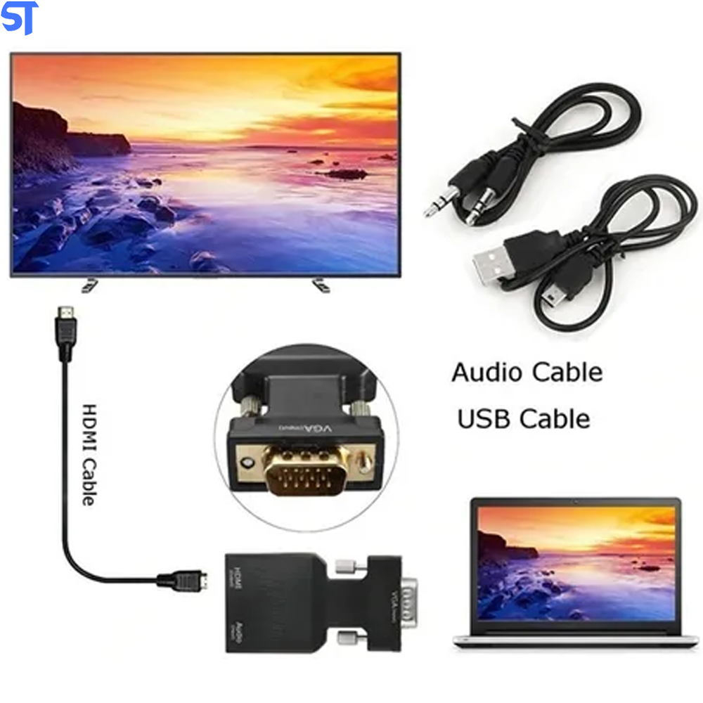 Conversor VGA Macho Para HDMI Fêmea Com Áudio Cabo P2 Macho E Cabo Usb- Preto