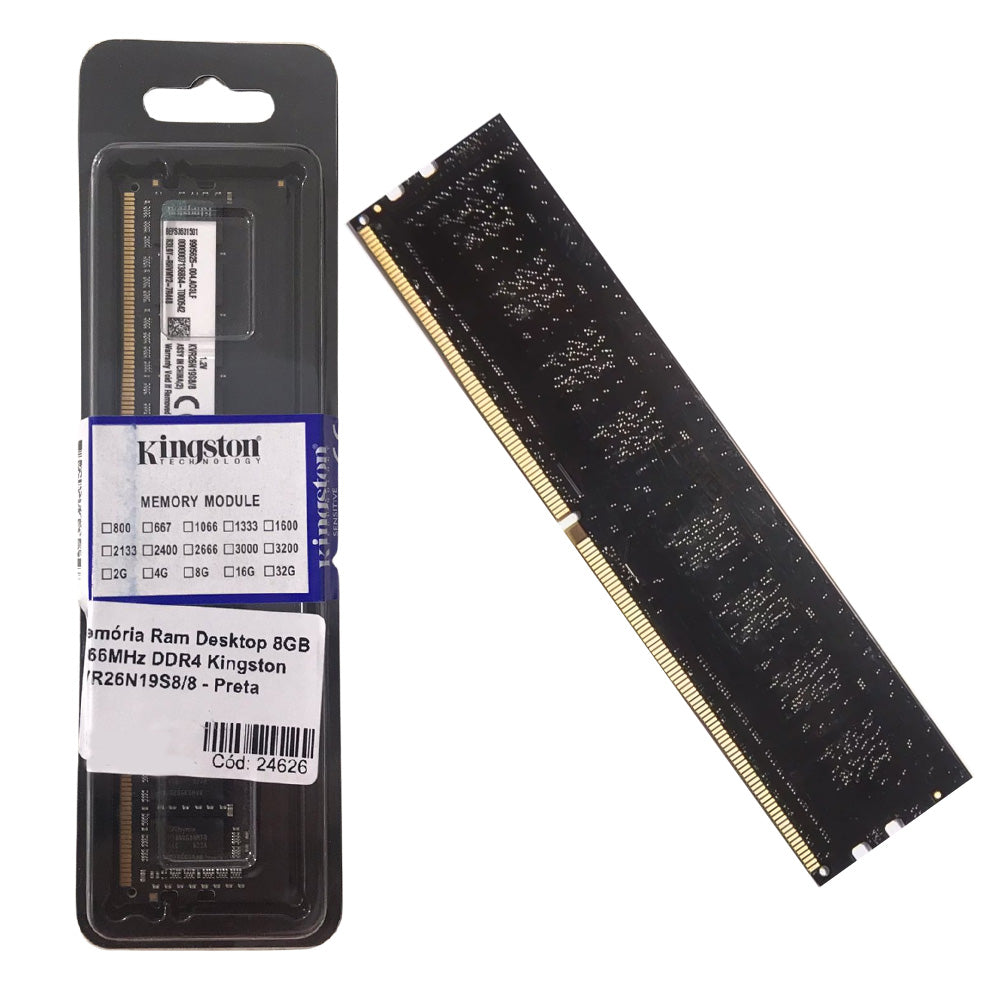 Memória Ram Desktop 8GB 2666MHz DDR4 Kingston KVR26N19S8/8  - Preta