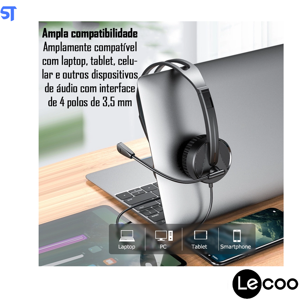 Fone de ouvido Lenovo Lecoo HT106 3,5 mm Com Microfone Ajustável para Chamadas de Voz, Conferêcia
