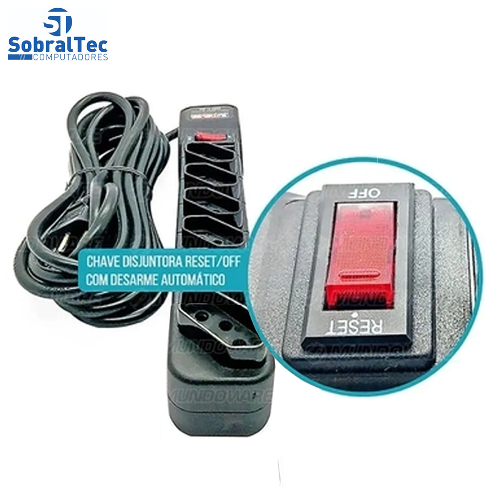 Protetor Eletrico Rearme Premium 6 Tomadas Com Cabo de 5 Metros -Emplac