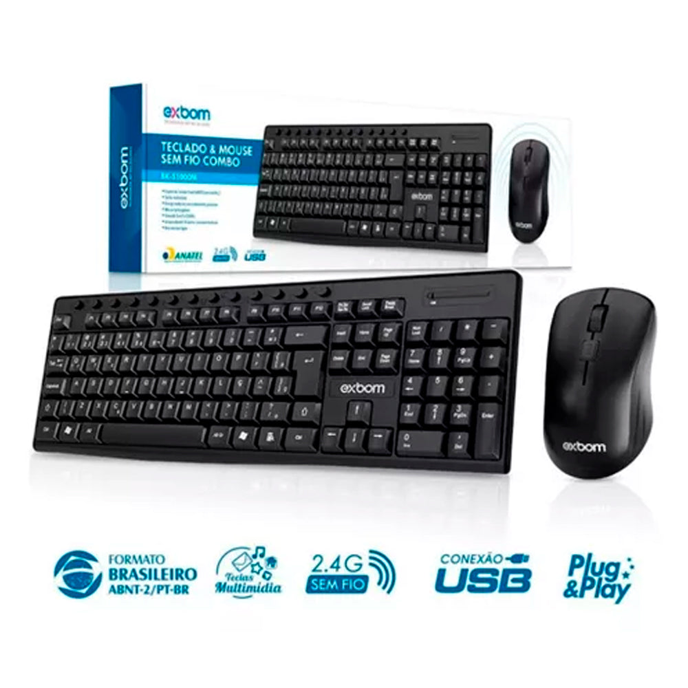 Teclado e Mouse Sem Fio Wireless ABNT II 2.4Ghz Multimídia Exbom BK-S1000M-04255 Preto
