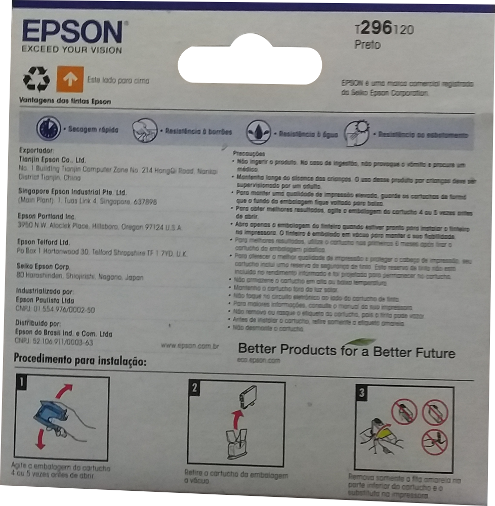Cartucho de Tinta Epson 296 Preto 130 Paginas T296120 BR