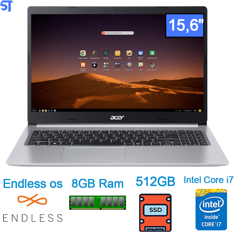 Notebook Acer Aspire 5 A515-54-70CM Intel Core i7-10510U -8GB DDR4- SSD 512GB- NVMe Endless OS 15,6