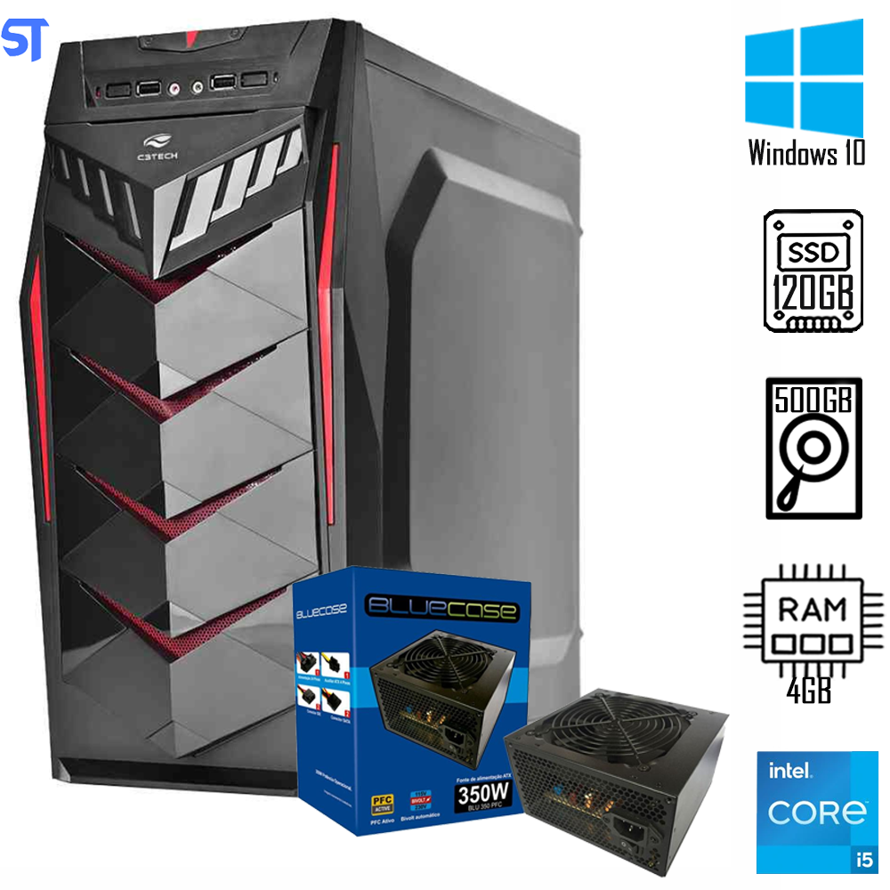 Computador Core i5, Gabinete C3Tech, Fonte 350W, Placa Mãe Goline GL-H110, Memória RAM 4GB DDR4, SSD 120GB ST, HD 500GB