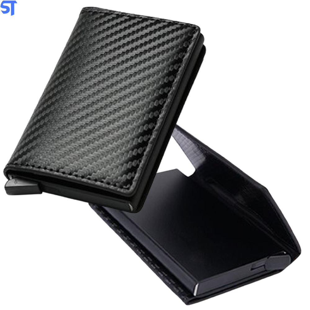 Carteira Porta Cartões Automática Fibra de Carbono Antifurto