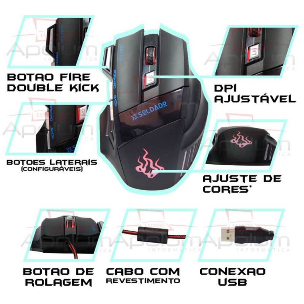 Mouse Gamer Soldado 3000dpi USB Gm-700 Preto 7 Cores Luz De Led Metal