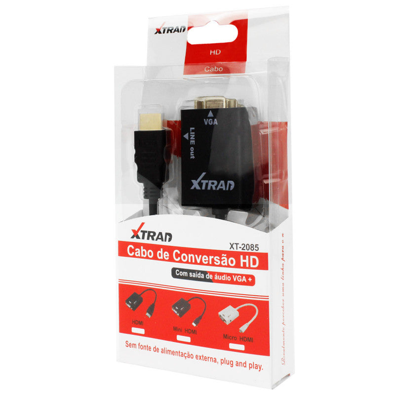 Cabo Conversor Hdmi X Vga Hd Com Saída de Audio P2 Xt-2085 Xtrad