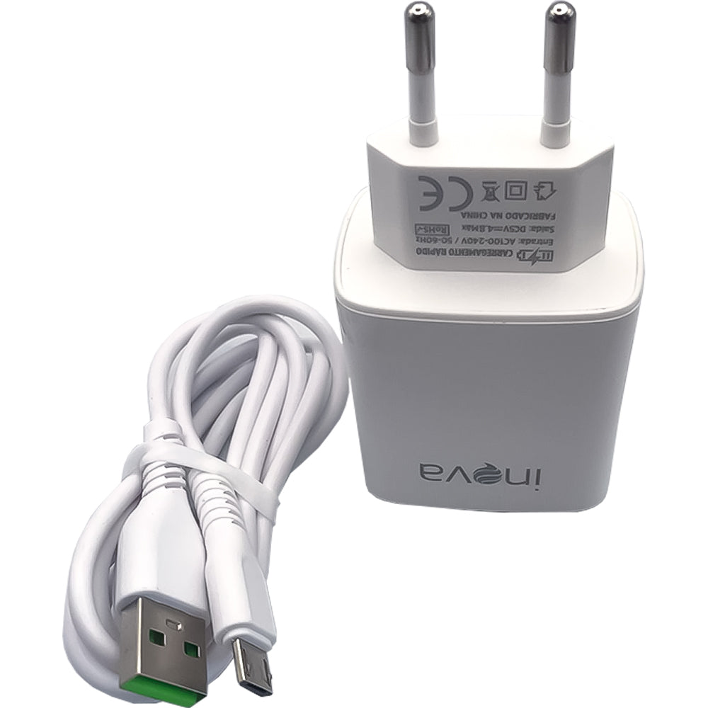 Carregador Rápido V8 Com 2 Portas USB 4.8A com Carregamento Inteligente Inova Branco- CAR-3173S