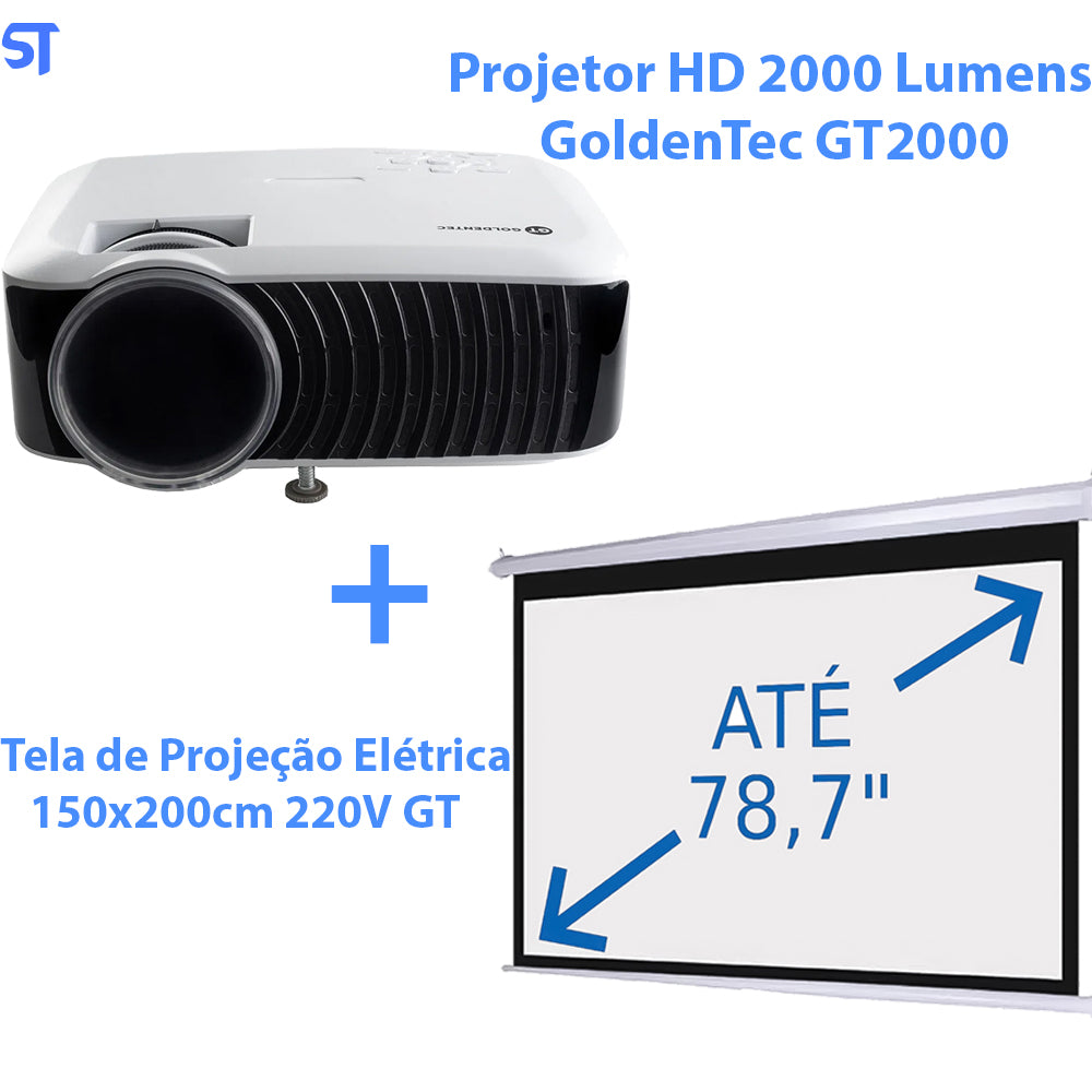 Projetor HD 2000 Lumens Goldentec GT2000 | Com Tela de Projeção Elétrica 150x200cm 220V GT