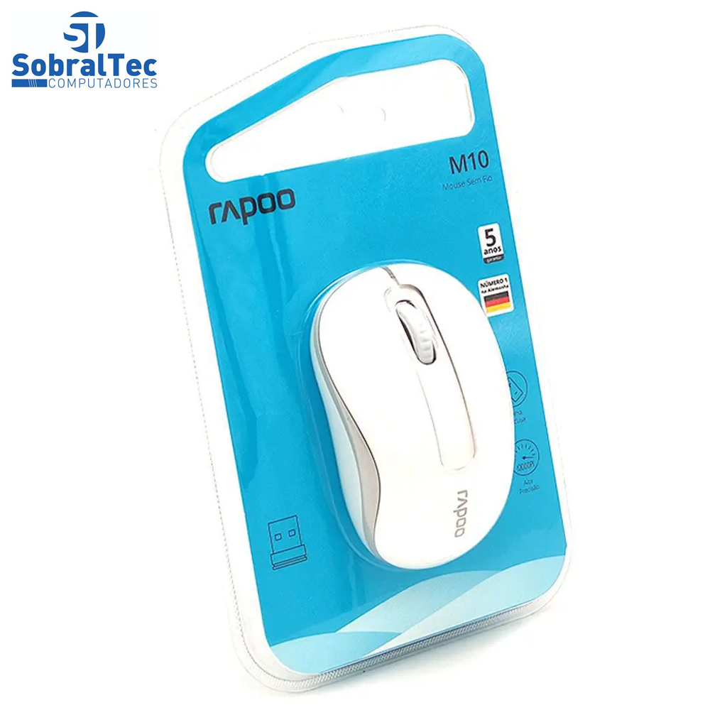 Mouse Sem Fio Rapoo M10 Plus, Wireless 2.4 GHz, 1000 DPI, Branco - RA008