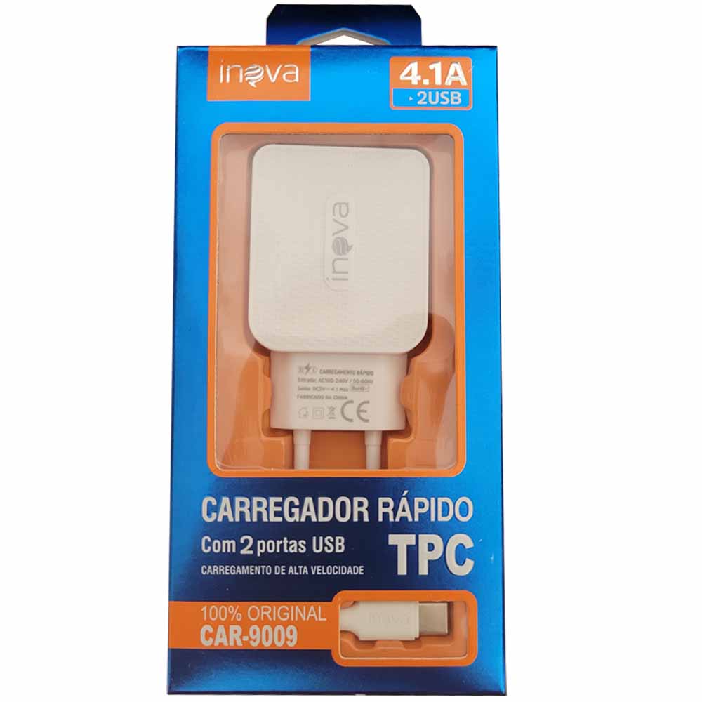 Carregador Rápido Tipo C Com 2 Portas USB A 4.1A Inova Branco - CAR-9009