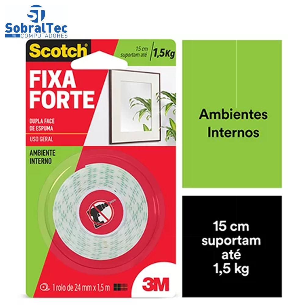Fita Dupla Face 3M Scotch Fixa Forte Espuma 24 mm x 1,5 m