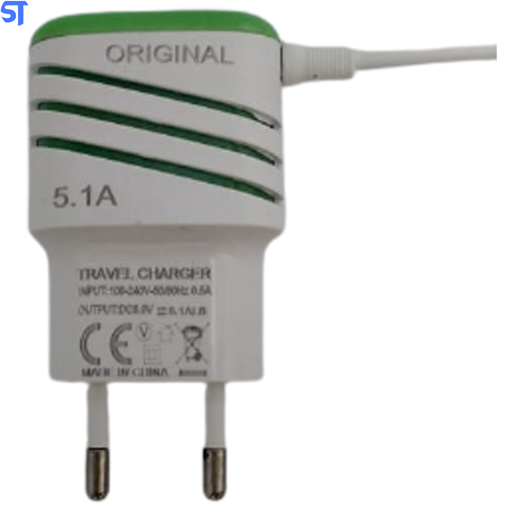 Carregador Rápido Com Duas portas Usb e 5.1A - Branco Com Verde- F-888