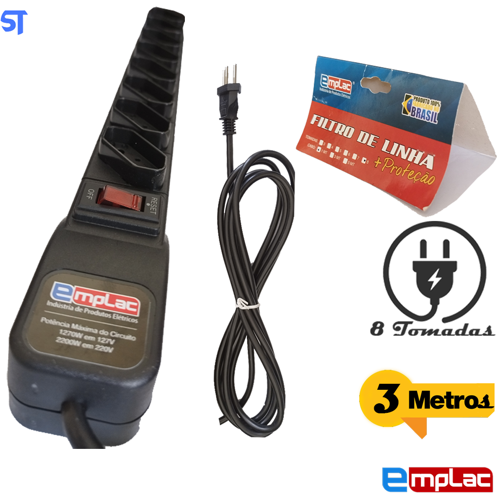 Protetor Eletrico Rearme Premium 8 Tomadas Com Cabo de 3 Metros -Emplac