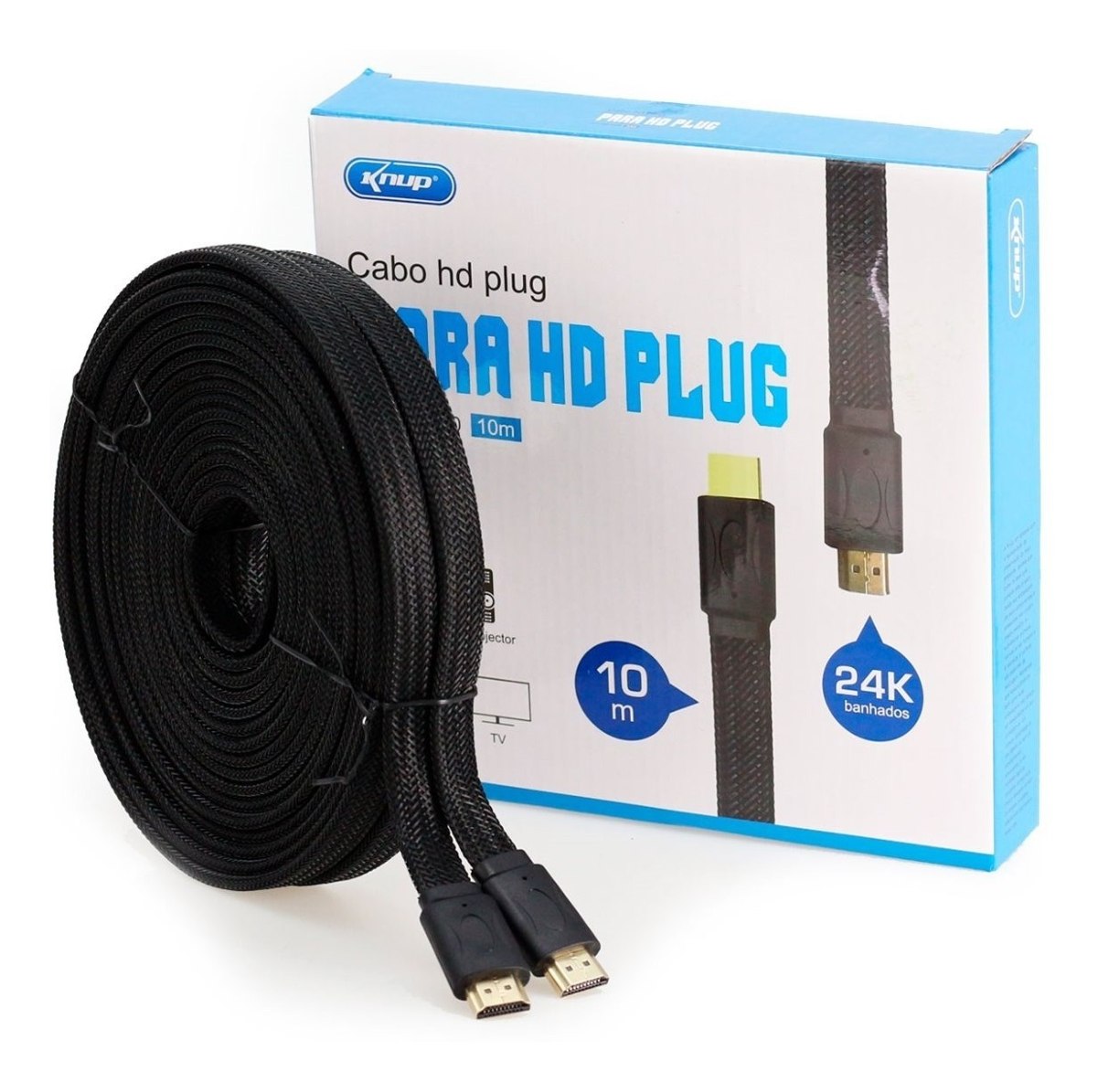 Cabo Hdmi 10 Metros Flat Knup Ultra Hd 4k Nylon Ouro 24k
