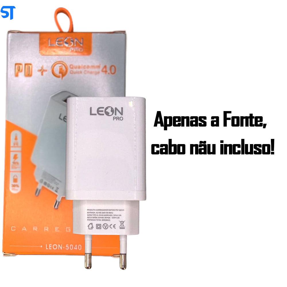 Fonte Carregador Rápido Com 1 Portas USB 3.0 e 1 Porta USB Tipo-C 3.1A Leon Pro Branco - 5040