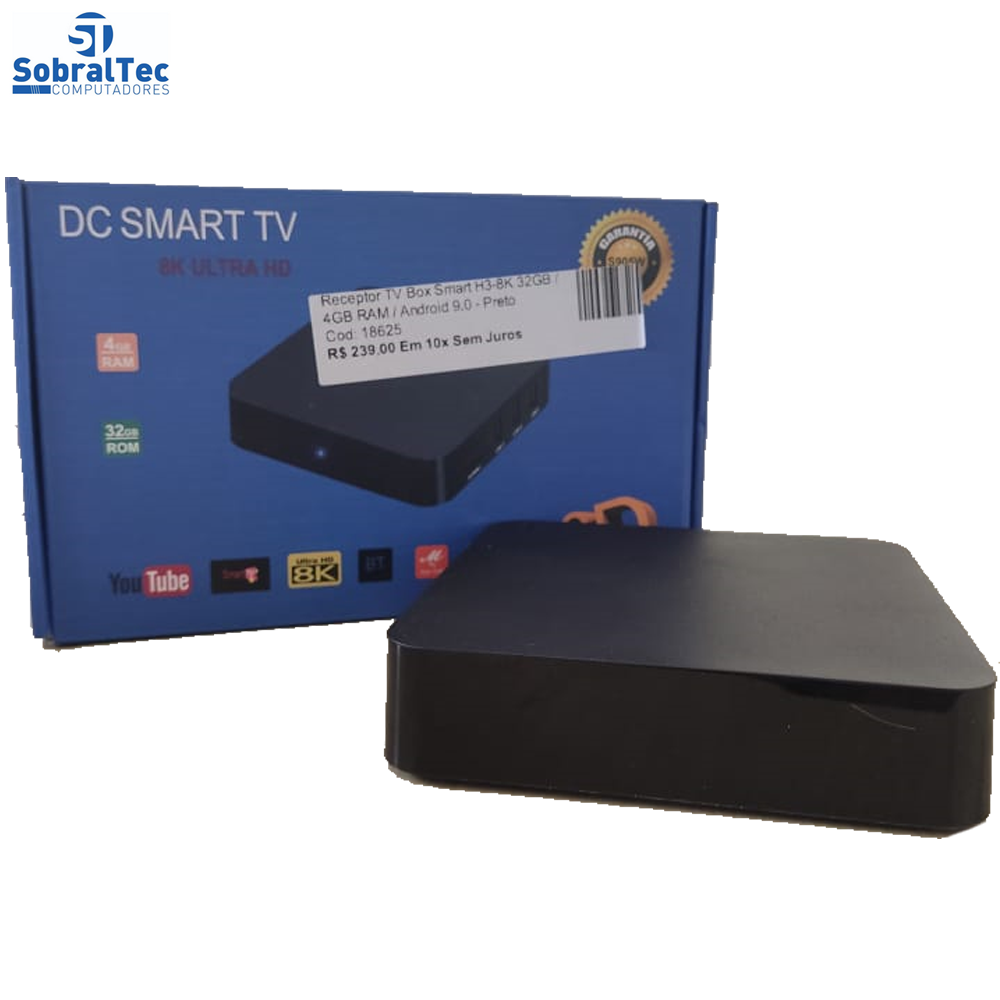 Receptor TV Box Smart H3-8K 32GB / 4GB RAM / Android 9.0 - Preto
