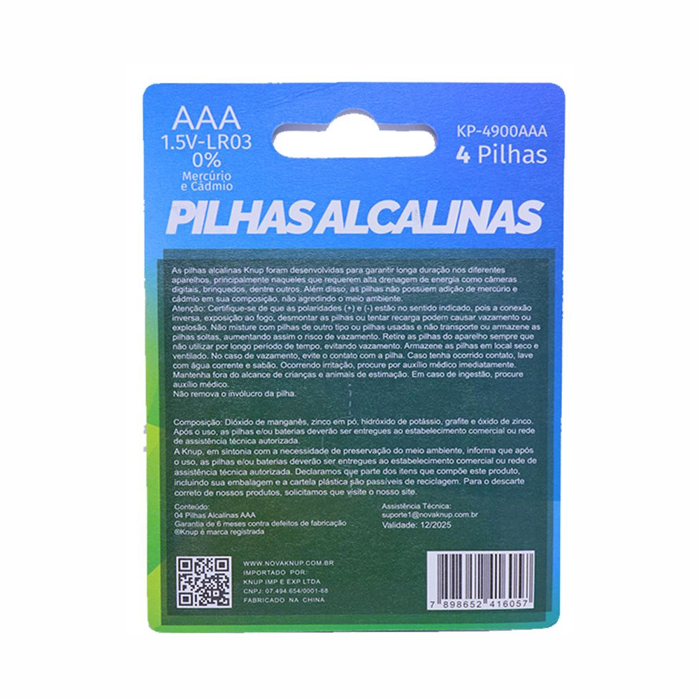 Pilha Palito Alcalina Cartela Com 4 Unidades Knup  KP-4900AAA