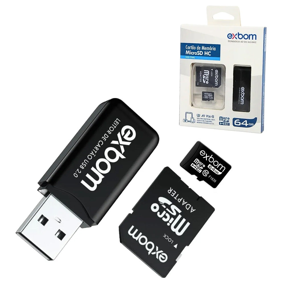 Cartão de Memória 64G Micro-SD -TF  10mbs STGD-TF64G 03067 Exbom Com Leitor de Cartão e Adaptador