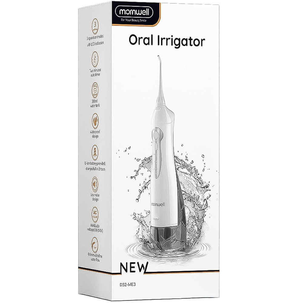 Irrigador Bucal Portátil Recarregável de 3 Modos Mornwell, 300ml e 4 Pontas de Jato Fluxo de Água Ultrafino 100/240v