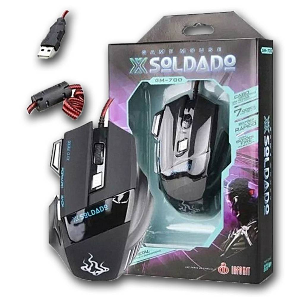 Mouse Gamer Soldado 3000dpi USB Gm-700 Preto 7 Cores Luz De Led Metal