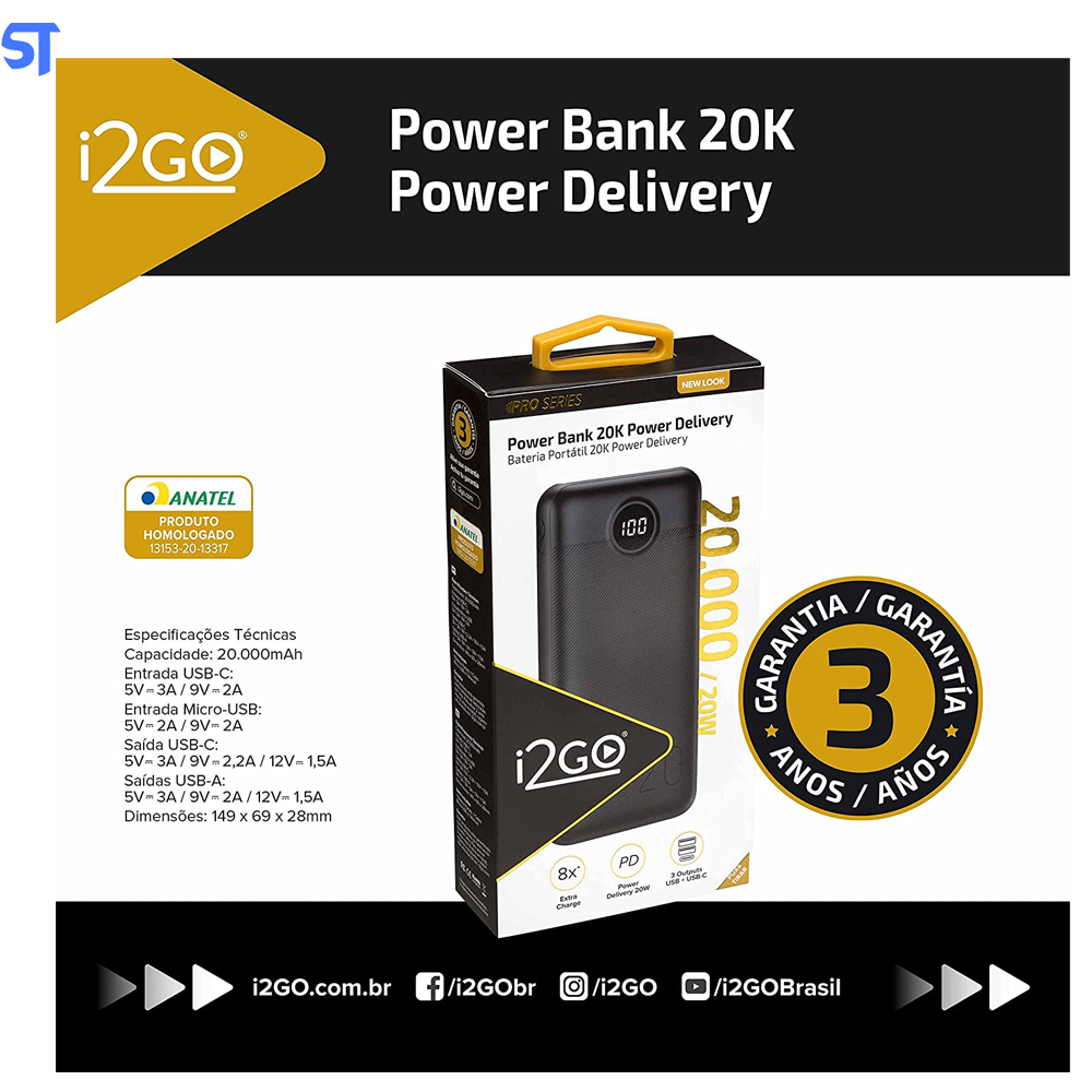 Carregador Power Bank Portátil Ultra Rápido 20000mAh Usb 2 Portas - I2GO
