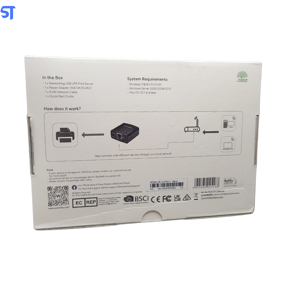 Print Server Adaptador de Rede Wavlink Mini Usb 2.0 Lrp de 100mbp Servidor de Impressão, Adaptador de Energia Lan Com Wi